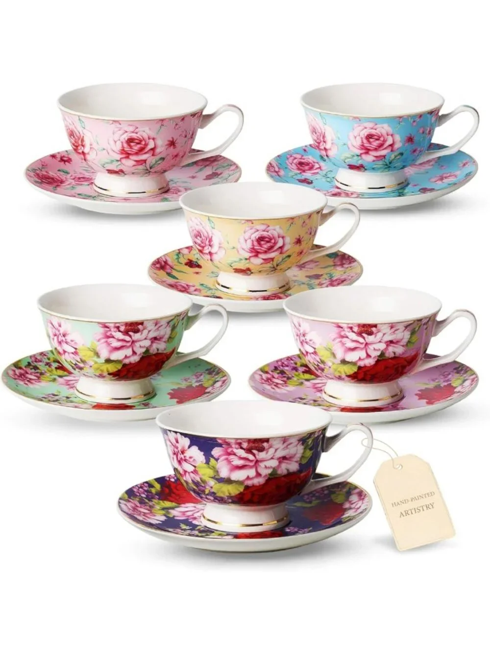 Floral Porcelain Tea Cups & Saucers Set of 6 | 8 oz, Gold Trim, Dishwasher Safe